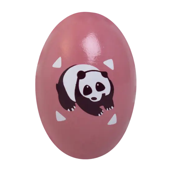 Oval rangleæg med glat overflade og panda motiv på lyserød baggrund.