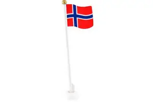 Norsk flag på flagstang med rød baggrund, blå kors med hvid kant, guldfarvet knop på toppen.