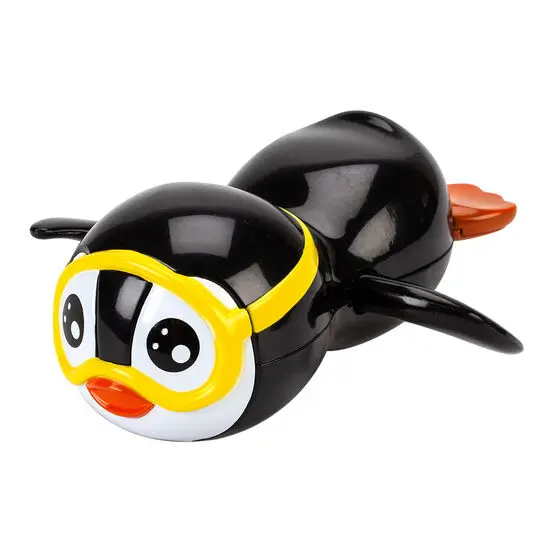 Vind-op pingvinlegetøj med gul dykkerbrille, orange næb og synlig mekanisme bagpå.