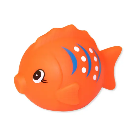 Orange badedyrs-fisk med blå/hvide mønstre, store øjne og sjovt, tegneserieagtigt design.