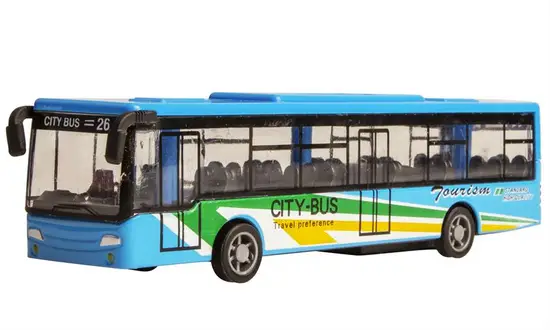 Blå legetøjsbus med rutenr. 26, "CITY BUS", "Tourism" dekaler og detaljerede vinduer.