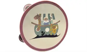 Tamburin med støvet rosa kant, illustration af Noahs Ark og dyr, cirkulær med metalliske bjælder.