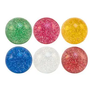 Seks glitrende hoppebolde i farverne grøn, pink, gul, blå, klar og rød.