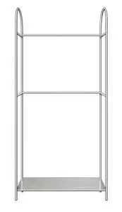 Minimalistisk tøjstativ i børstet stål med buet top og bundhylde til opbevaring.