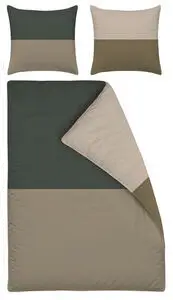 Sengesæt i farveblokdesign med mørkegrå, beige og lys brun. Dynebetræk og to pudebetræk.