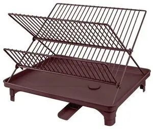 Vinrødt opvaskestativ med to niveauer og bakke med tud til vandafledning.