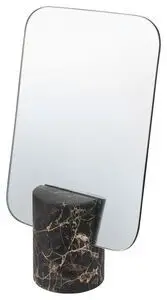 Spejl med afrundede hjørner på brun marmorlignende cylindrisk base.