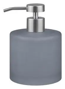 Cylindrisk dueblå dispenser med mat overflade og sølvfarvet metalpumpe.