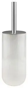 Cylindrisk toiletbørsteholder i lys linnedfarve med slank metalhåndtag.