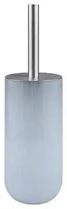 Cylindrisk toiletbørsteholder i lys blå med metalhåndtag, minimalistisk design.
