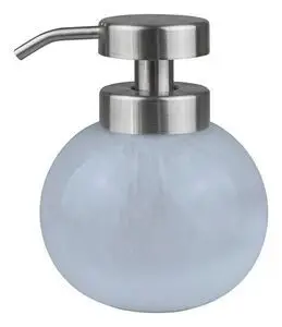 Lys blå, rund dispenser med glat overflade og metalpumpe på toppen.