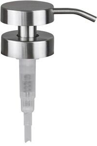 Stål pumpe med cylindrisk top og buet tud, gennemsigtig nederdel. Elegant og moderne design.