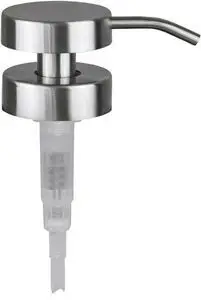 Stål pumpe med cylindrisk top og buet tud, gennemsigtig nederdel. Elegant og moderne design.