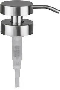 Stålpumpe med rund top og buet tud; gennemsigtig tube ses under metalstykket.