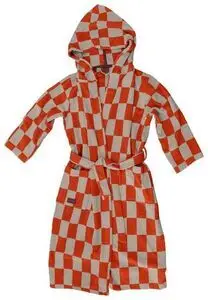 Badekåbe i mørk orange og hvidt ternet mønster med hætte og bælte.
