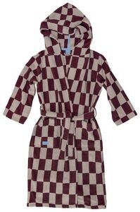 Badekåbe med vinrødt ternet mønster, hætte og bælte, størrelse L/XL.