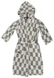 Badekåbe i salviegrøn/hvid tern, hætte, lomme med rød tag, str. L/XL.