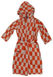 Mette Ditmer RETRO badekåbe i mørk orange og beige tern, med hætte og bindebælte.