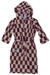 Badekåbe med skakternet vinrød og creme mønster, hætte og bælte, størrelse S/M.