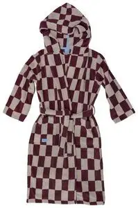 Badekåbe med skakternet vinrød og creme mønster, hætte og bælte, størrelse S/M.