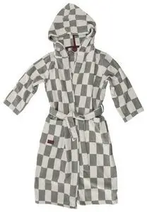 Badekåbe i salviegrøn og hvidt ternet mønster, med hætte og bælte i størrelse S/M.