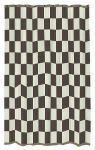 Bruseforhæng med retro ternet mønster i brun/beige, øjer til ophæng, vist i badeværelse.
