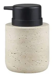 Cylindrisk dispenser med sort pumpe, lys porøs stenlignende tekstur, naturligt udseende.