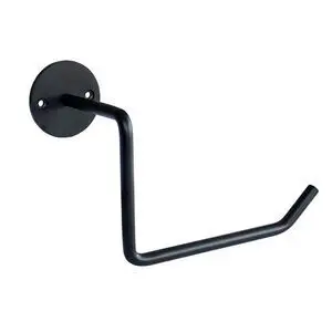 Vægmonteret toiletrulleholder i mat sort med cirkulært beslag og buet arm til at holde rullen.