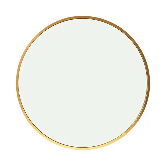 Rundt spejl med bred, guldfarvet ramme fra Moudhome, 50 cm i diameter.