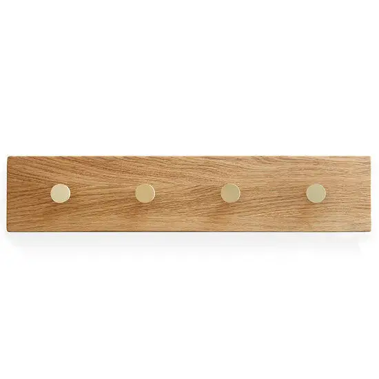 Egetræ knagerække med fire messingknager, rektangulær form, 50 cm lang, stilrent design.
