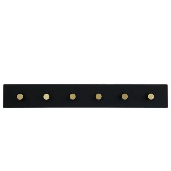 Sort knagerække med seks messingkroge i minimalistisk design, 70 cm lang.