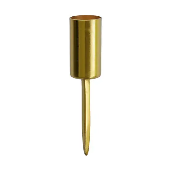 Cylindrisk messing lysholder med spids bund. Skinnende og reflekterende overflade.