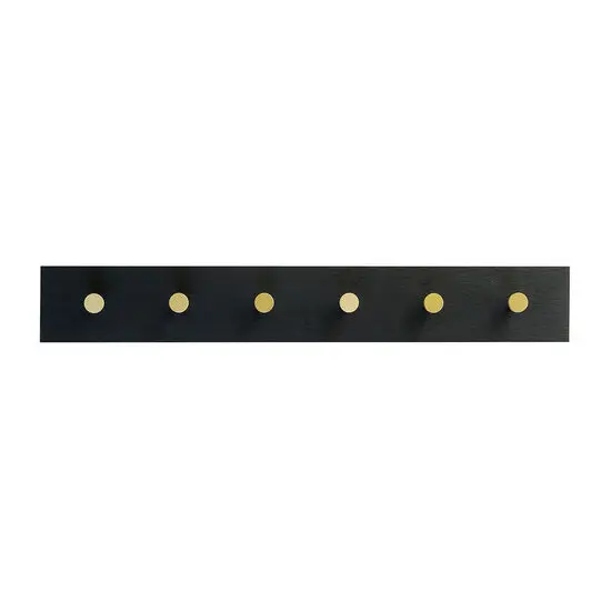 Sort knagerække med seks gyldne kroge, minimalistisk og moderne design.