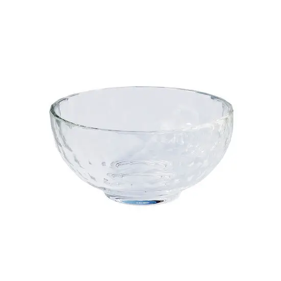 Klar, rund skål med tekstureret overflade, 12 cm i diameter, 6 cm høj.