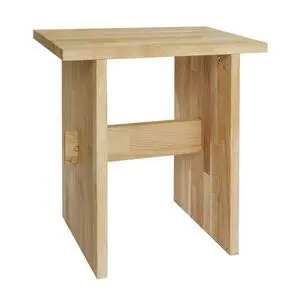 Minimalist skammel i egetræ med rektangulær top og to lodrette ben. Naturligt trælook.