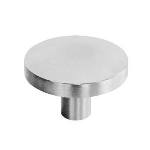 Rund metal knage i børstet stål med flad front og cylindrisk base, Ø3,2 cm.