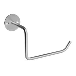 Vægmonteret toiletrulleholder i børstet stål med cylindrisk arm og rund base med to skruer.