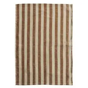 Rektangulært viskestykke med lodrette sand/brune striber, synlig søm og tekstureret overflade.