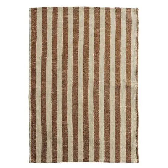Rektangulært viskestykke med lodrette sand/brune striber, synlig søm og tekstureret overflade.