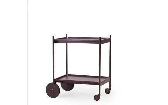 Bourgognefarvet trolley med to hylder og fire hjul, to store og to små.