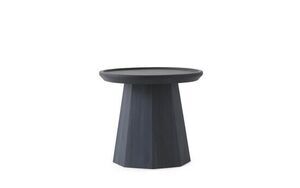 Lille, mørkt bord med rund top og konisk base, moderne og minimalistisk design.