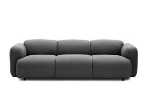 Moderne 3-personers sofa i mørkegrå med afrundede armlæn og minimalistisk design.