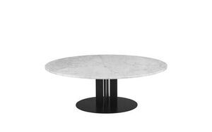 Rundt sofabord med glat overflade og central base. Moderne design i sort og hvid.