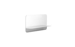 Rektangulært spejl med afrundede hjørner og en vandret hylde under. Elegant og minimalistisk design.
