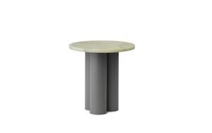 Rundt bord med grønlig "Emerald Onyx" bordplade og cylindrisk grå base.
