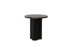 Rundt bord med mørk marmoreffekt og tre cylinderformede ben.