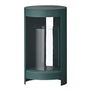 Lille grøn lanterne med cylindrisk form og åben front, glasindsats til lys, moderne design.