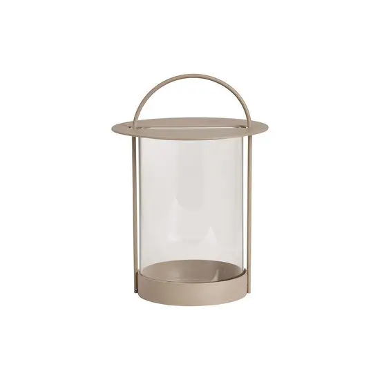Cylindrisk lanterne med glas, låg og hank. Enkel og stilren i lerfarvet design.