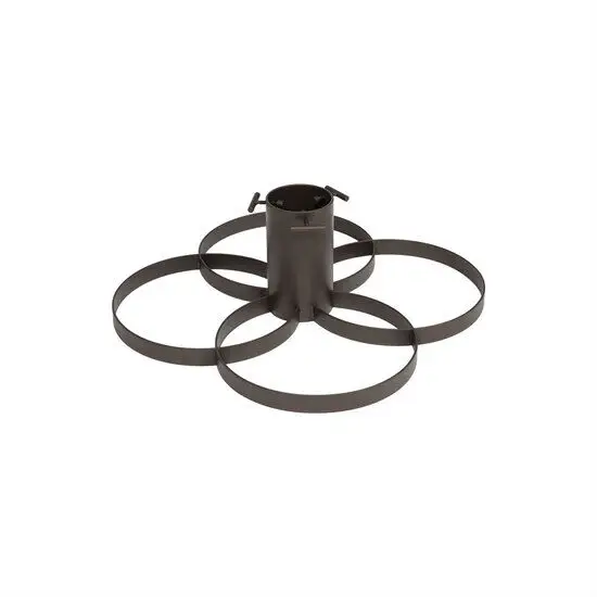 Sort juletræsfod i metal med cylinder og fire cirkulære støtteben, messing finish og fastgørelsesskruer.