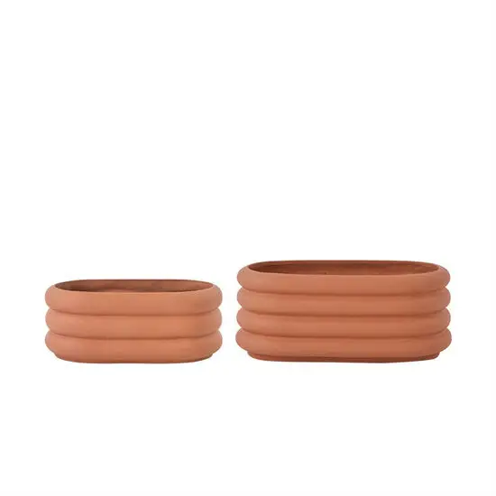 To ribbede, cylindriske potter i naturlig tone, sæt af to.